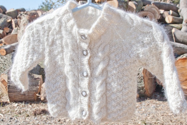 Aran Baby Sweater handknit with handspun angora rabbit yarn